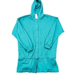 Hooded Terry Romper Drawstring Waist Button Front Aqua Blue Sostanza Medium USA